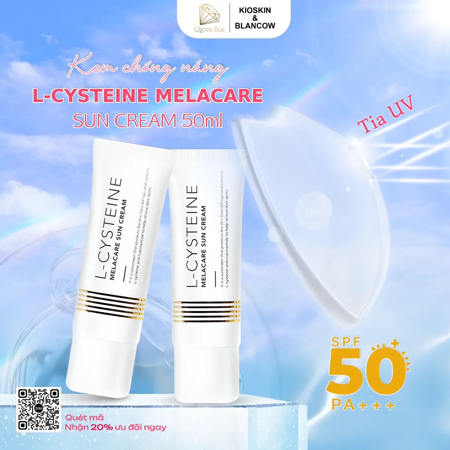 L-CYSTEINE MELACARE SUN CREAM - Kem chống nắng kép vật lý và hóa học SPF50+ PA++++, với 3 chức năng: Cải thiện nếp nhăn, Làm trắng và Chống nắng